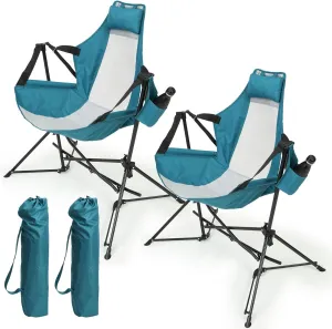 Adjustable Hammock Camping Chair, Portable Rocking Recliner with Cup Holder and Pillow, Lightweight Blue, Set of 2