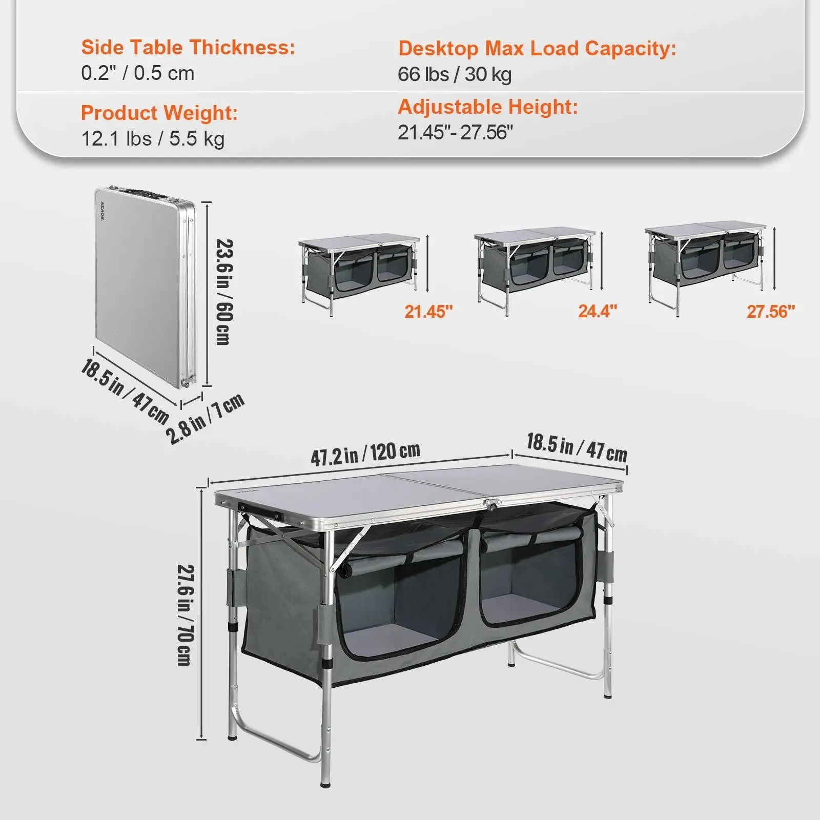 Adjustable Height Camping Kitchen Table – Portable Folding Table with Carry Bag for Outdoor Cooking