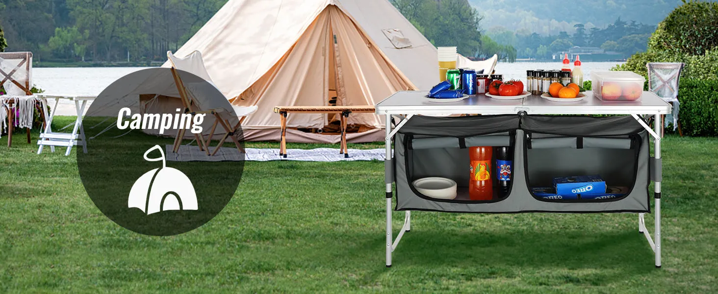 Adjustable Height Camping Kitchen Table – Portable Folding Table with Carry Bag for Outdoor Cooking