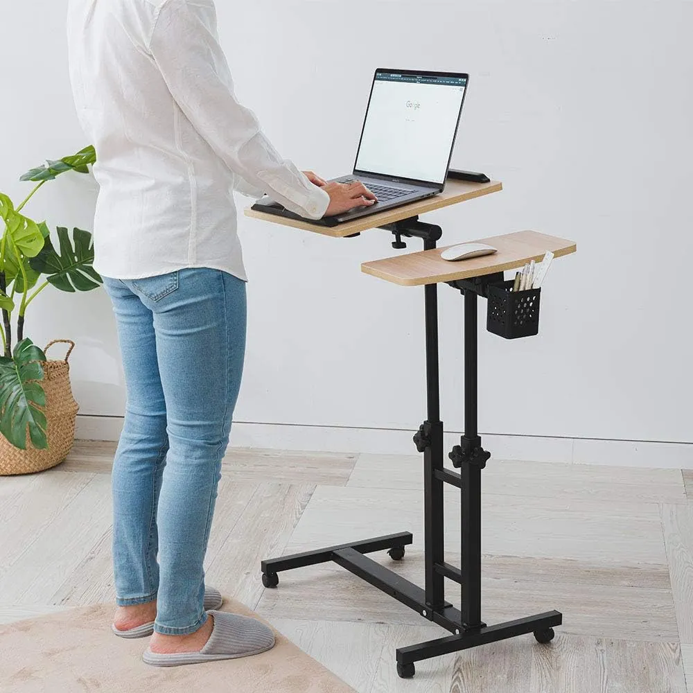 Adjustable Laptop Desk with Cart, Computer Workstation, Bed Side Table, Tiltable Table and Mouse pad for Laptop-Dark Blond Wood