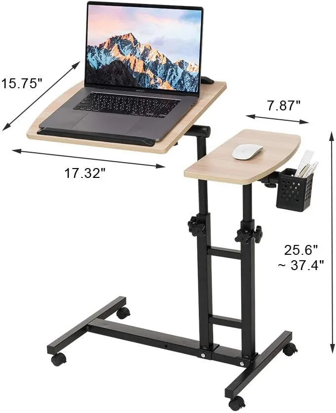 Adjustable Laptop Desk with Cart, Computer Workstation, Bed Side Table, Tiltable Table and Mouse pad for Laptop-Dark Blond Wood