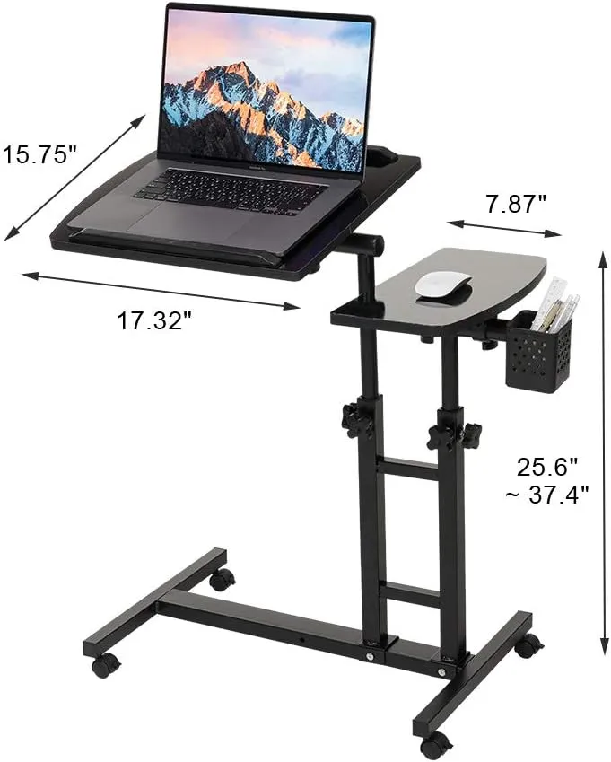 Adjustable Laptop Desk with Wheels, Adjustable Desk for Bed, Adjustable Laptop cart, Over Bed Table, Bed Side Table, Tiltable Table and Laptop Stand-Black