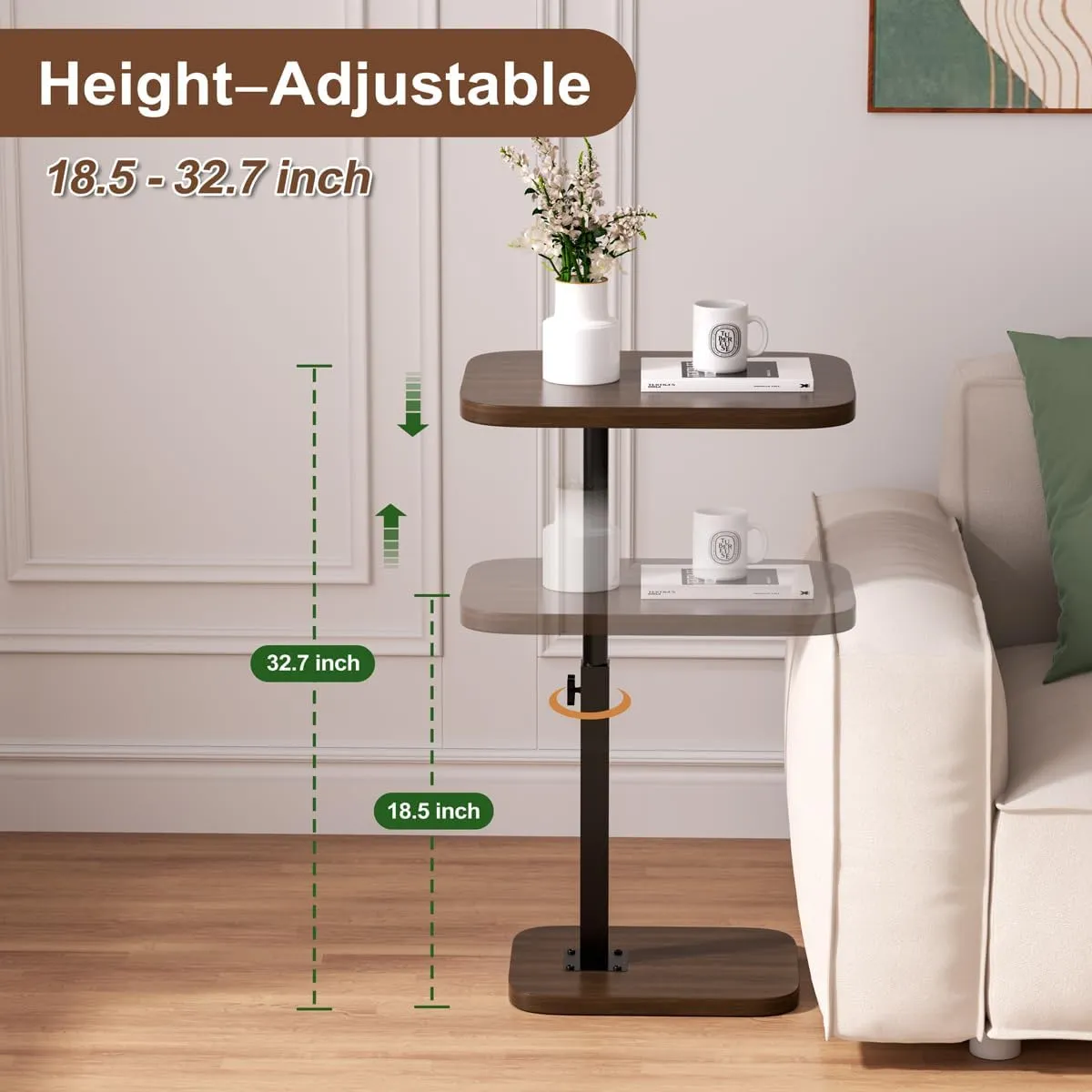Adjustable Side Table TV Tray, C Shaped End Table, Small Bedside Table, Mid Century Modern Accent Nightstand for Living Room, Bedroom, Corners and Office (Walnut)