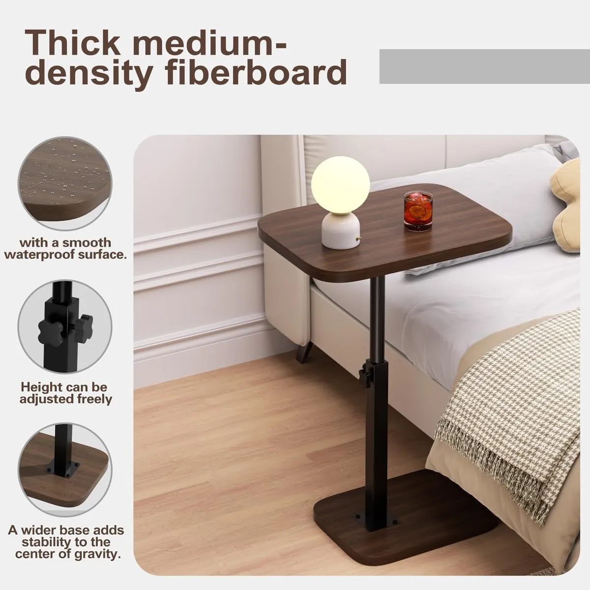 Adjustable Side Table TV Tray, C Shaped End Table, Small Bedside Table, Mid Century Modern Accent Nightstand for Living Room, Bedroom, Corners and Office (Walnut)