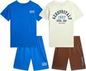 AEROPOSTALE Boys' Shorts Set - 4 Piece Short Sleeve Crew Neck Jersey Graphic T-Shirt and Mesh Shorts Set for Boys, Sizes:8-12