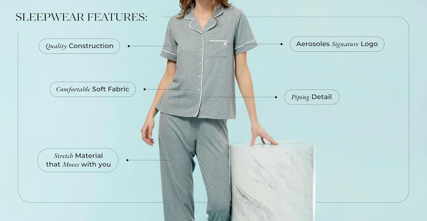 Aerosoles Women's Notch Collar Cozy Pjs 2 Piece Cozy Cooling Cotton Button-up Pajama Set