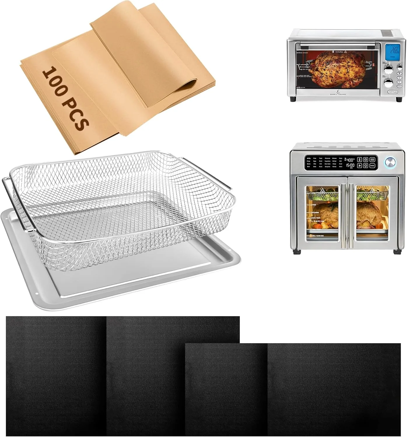 Air Fryer Accessories Compatible with Emeril Lagasse 26 Qt Extra Large & Everyday 360 Air Fryer, Baking Pans Set with Stainless Steel Baking Sheet Basket, Parchment Paper Teflon Mat for Oven