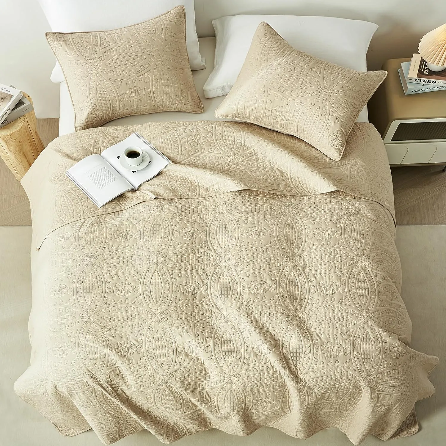 akkialla Queen Quilt Bedding Set,Beige Ultrasonic Full/Queen Quilt Set,Lightweight Soft Bedspread Coverlet,Modern Style Coin Pattern Bed Cover for All Seasons,3 Piece(1 Quilt,2 Pillow Shams)