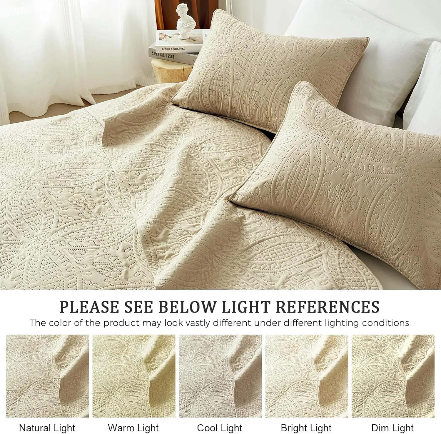 akkialla Queen Quilt Bedding Set,Beige Ultrasonic Full/Queen Quilt Set,Lightweight Soft Bedspread Coverlet,Modern Style Coin Pattern Bed Cover for All Seasons,3 Piece(1 Quilt,2 Pillow Shams)