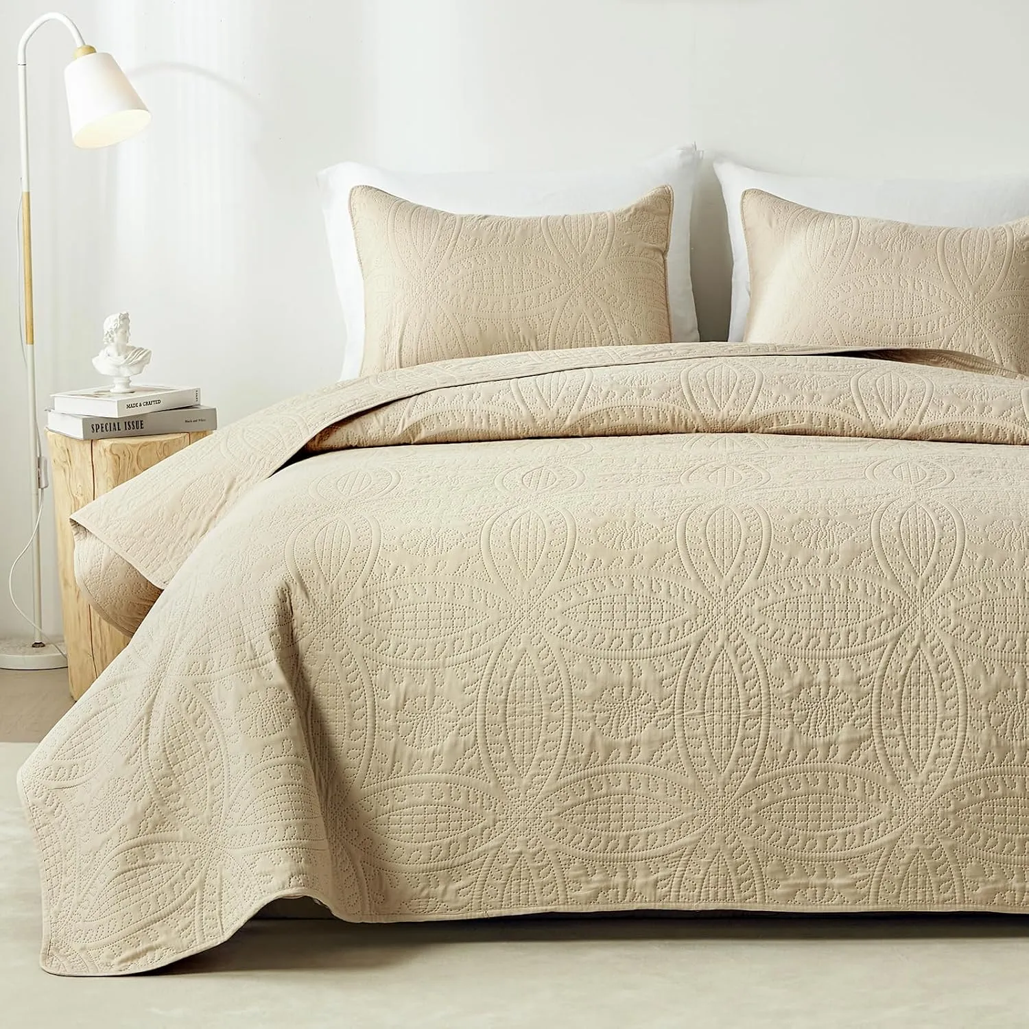 akkialla Queen Quilt Bedding Set,Beige Ultrasonic Full/Queen Quilt Set,Lightweight Soft Bedspread Coverlet,Modern Style Coin Pattern Bed Cover for All Seasons,3 Piece(1 Quilt,2 Pillow Shams)
