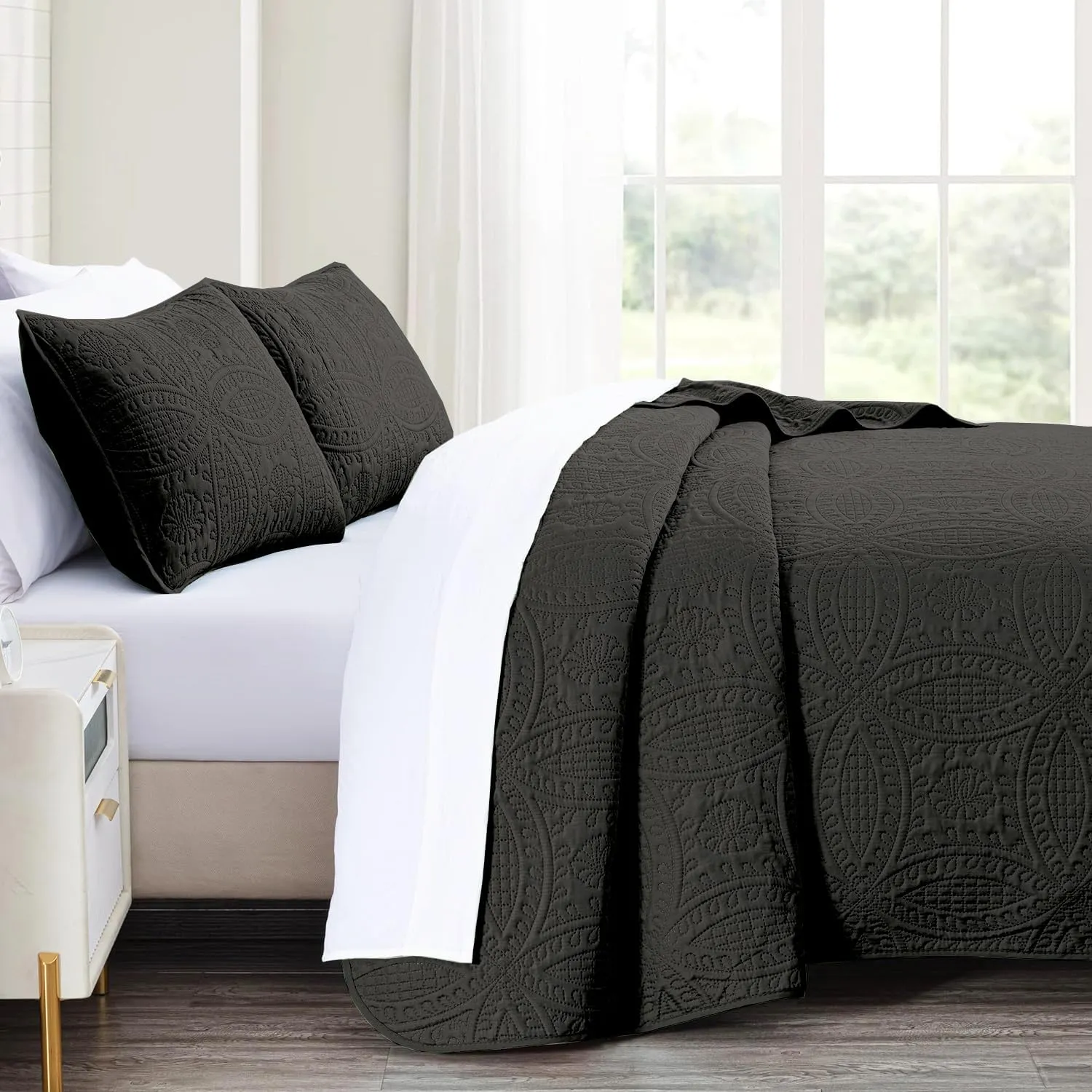akkialla Queen Quilt Bedding Set,Black Ultrasonic Full/Queen Quilt Set,Lightweight Soft Bedspread Coverlet,Modern Style Coin Pattern Bed Cover for All Seasons,3 Piece(1 Quilt,2 Pillow Shams)