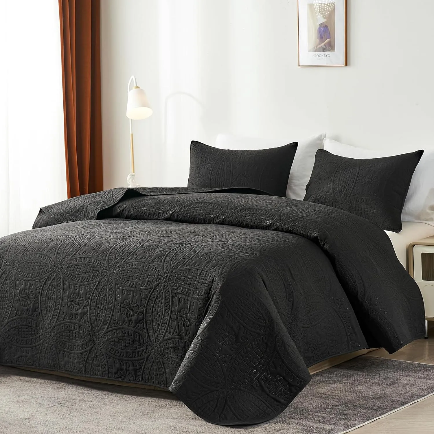 akkialla Queen Quilt Bedding Set,Black Ultrasonic Full/Queen Quilt Set,Lightweight Soft Bedspread Coverlet,Modern Style Coin Pattern Bed Cover for All Seasons,3 Piece(1 Quilt,2 Pillow Shams)