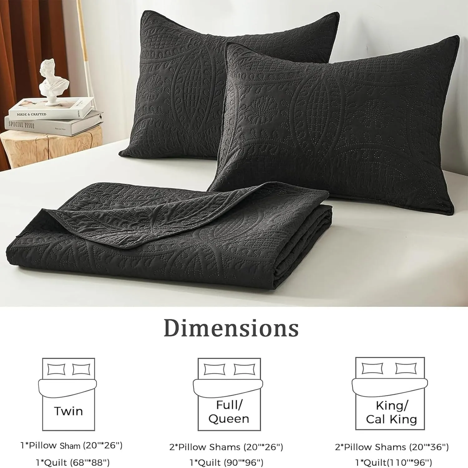 akkialla Queen Quilt Bedding Set,Black Ultrasonic Full/Queen Quilt Set,Lightweight Soft Bedspread Coverlet,Modern Style Coin Pattern Bed Cover for All Seasons,3 Piece(1 Quilt,2 Pillow Shams)