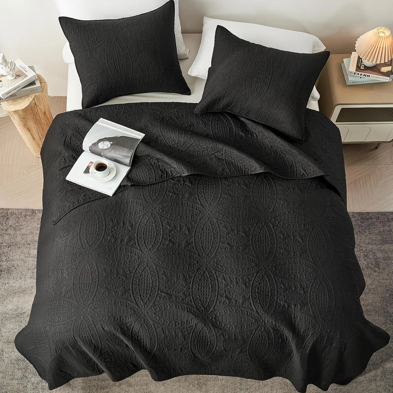 akkialla Queen Quilt Bedding Set,Black Ultrasonic Full/Queen Quilt Set,Lightweight Soft Bedspread Coverlet,Modern Style Coin Pattern Bed Cover for All Seasons,3 Piece(1 Quilt,2 Pillow Shams)
