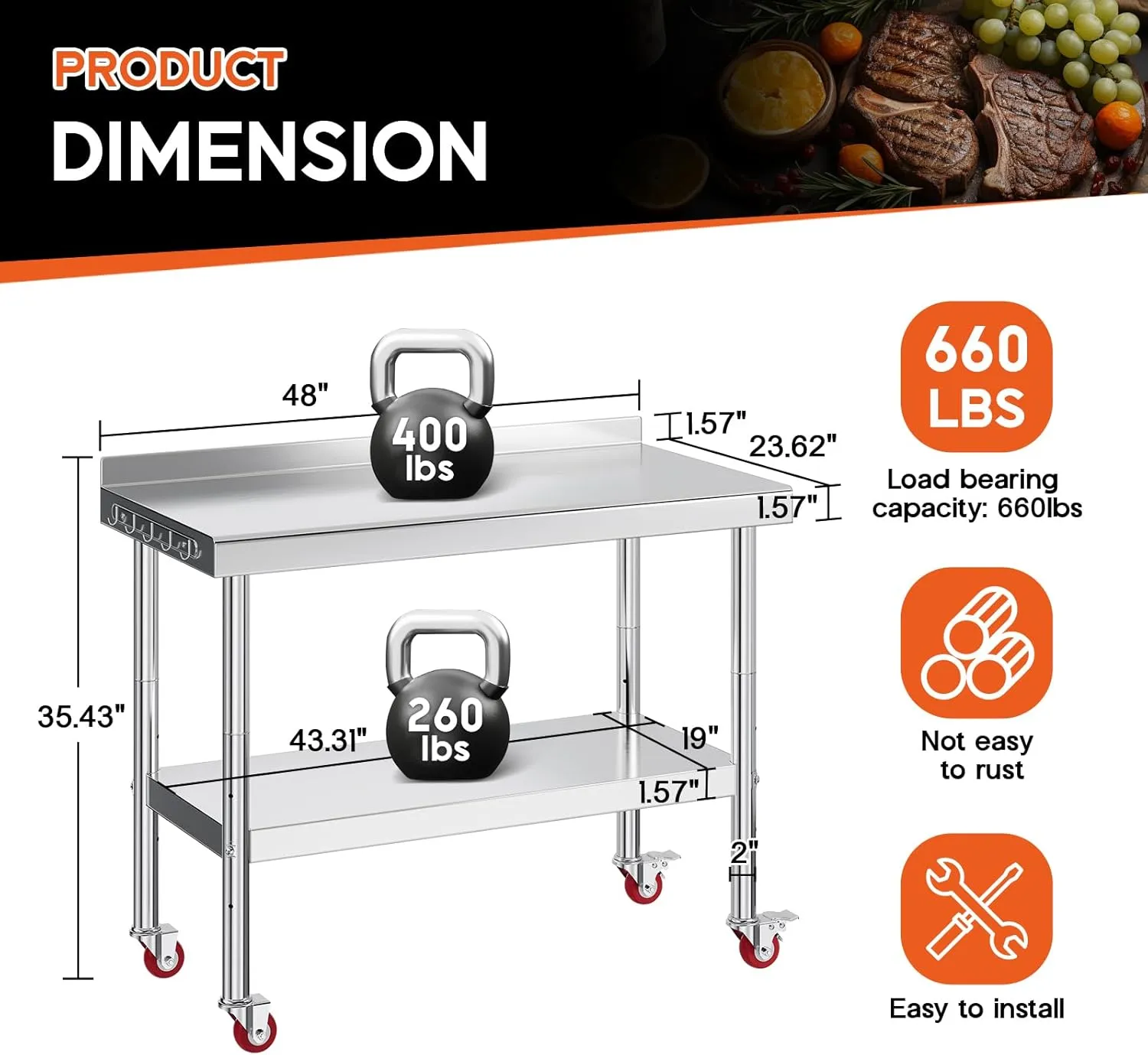 Albott 24x48in Stainless Steel Table, Kitchen Prep Table with Adjustable Undershelf, NSF Certified Metal Surface (Includes Casters & Hooks & Backsplash) for Home Kitchen, Restaurant, Hotel, and Garage