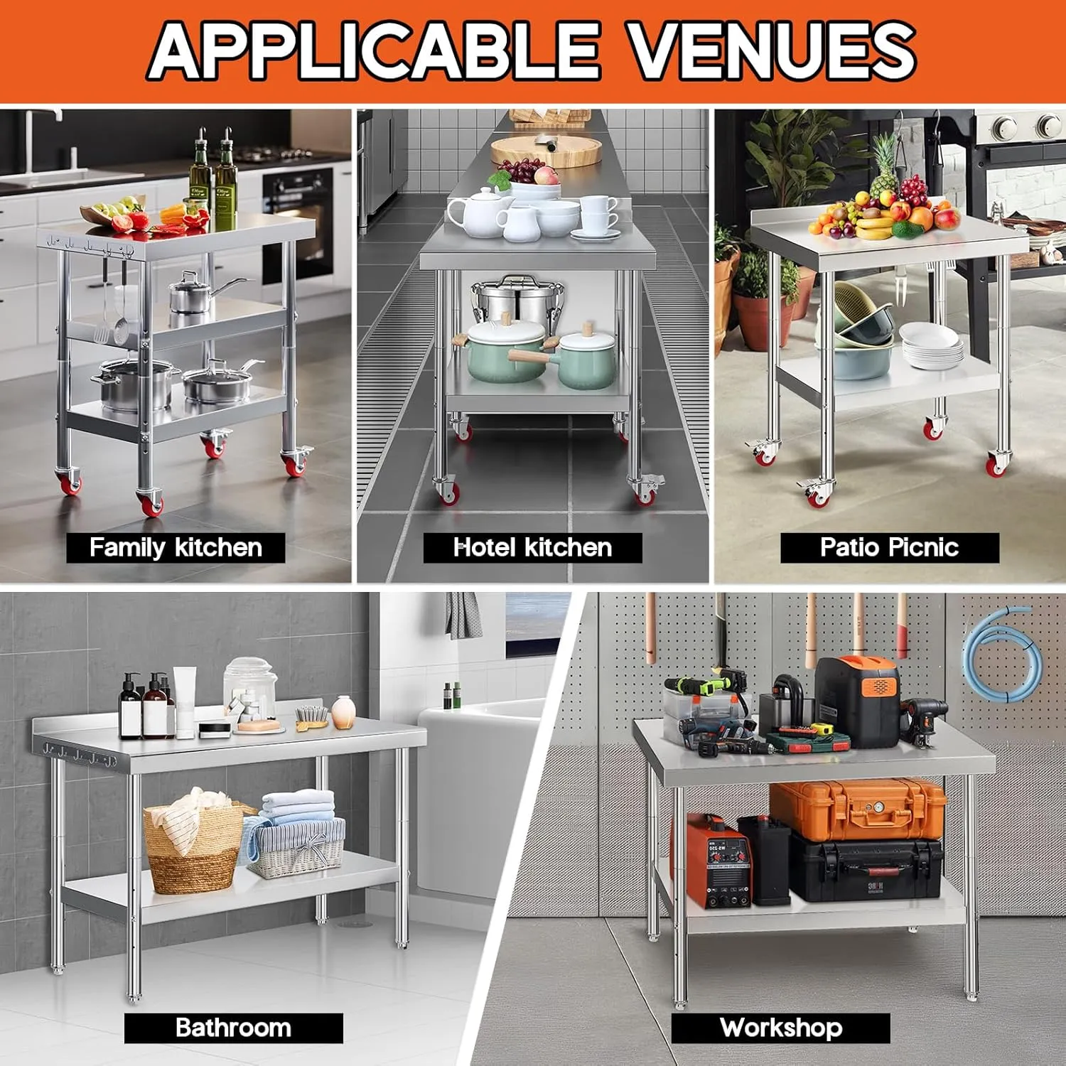 Albott 24x48in Stainless Steel Table, Kitchen Prep Table with Adjustable Undershelf, NSF Certified Metal Surface (Includes Casters & Hooks & Backsplash) for Home Kitchen, Restaurant, Hotel, and Garage