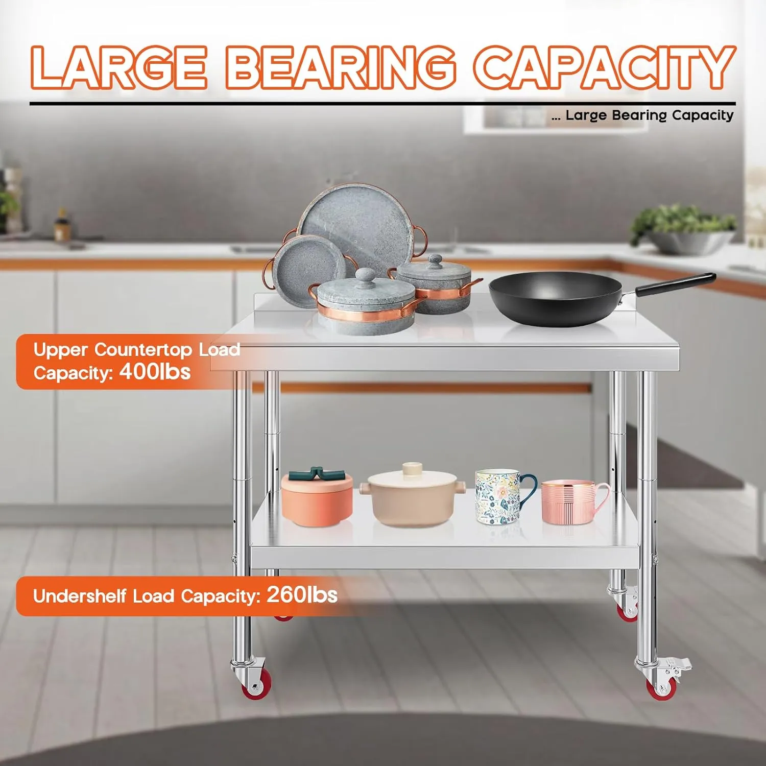 Albott 24x48in Stainless Steel Table, Kitchen Prep Table with Adjustable Undershelf, NSF Certified Metal Surface (Includes Casters & Hooks & Backsplash) for Home Kitchen, Restaurant, Hotel, and Garage