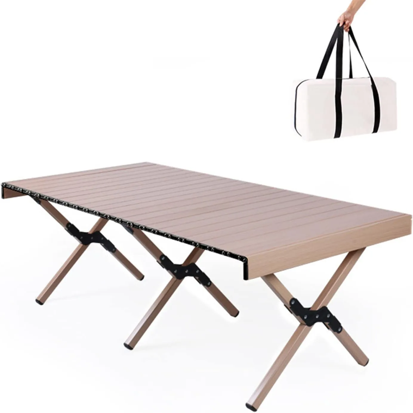 All Aluminum Alloy Light Weight Camping Table Furniture Outdoor Home Foldable Roll Up Easy Carry Picnic BBQ Table with Storage Bag,Wood,L(Length120cm)