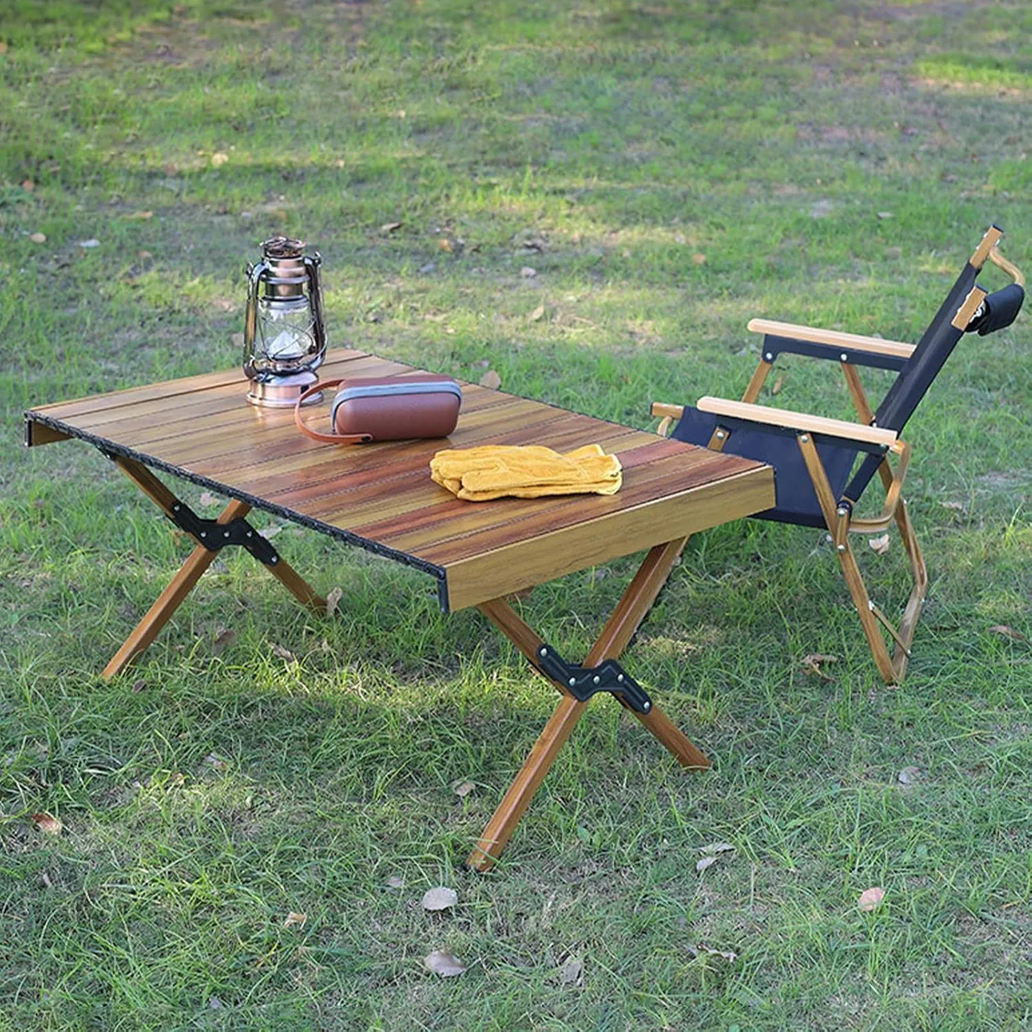 All Aluminum Alloy Light Weight Camping Table Furniture Outdoor Home Foldable Roll Up Easy Carry Picnic BBQ Table with Storage Bag,Wood,L(Length120cm)