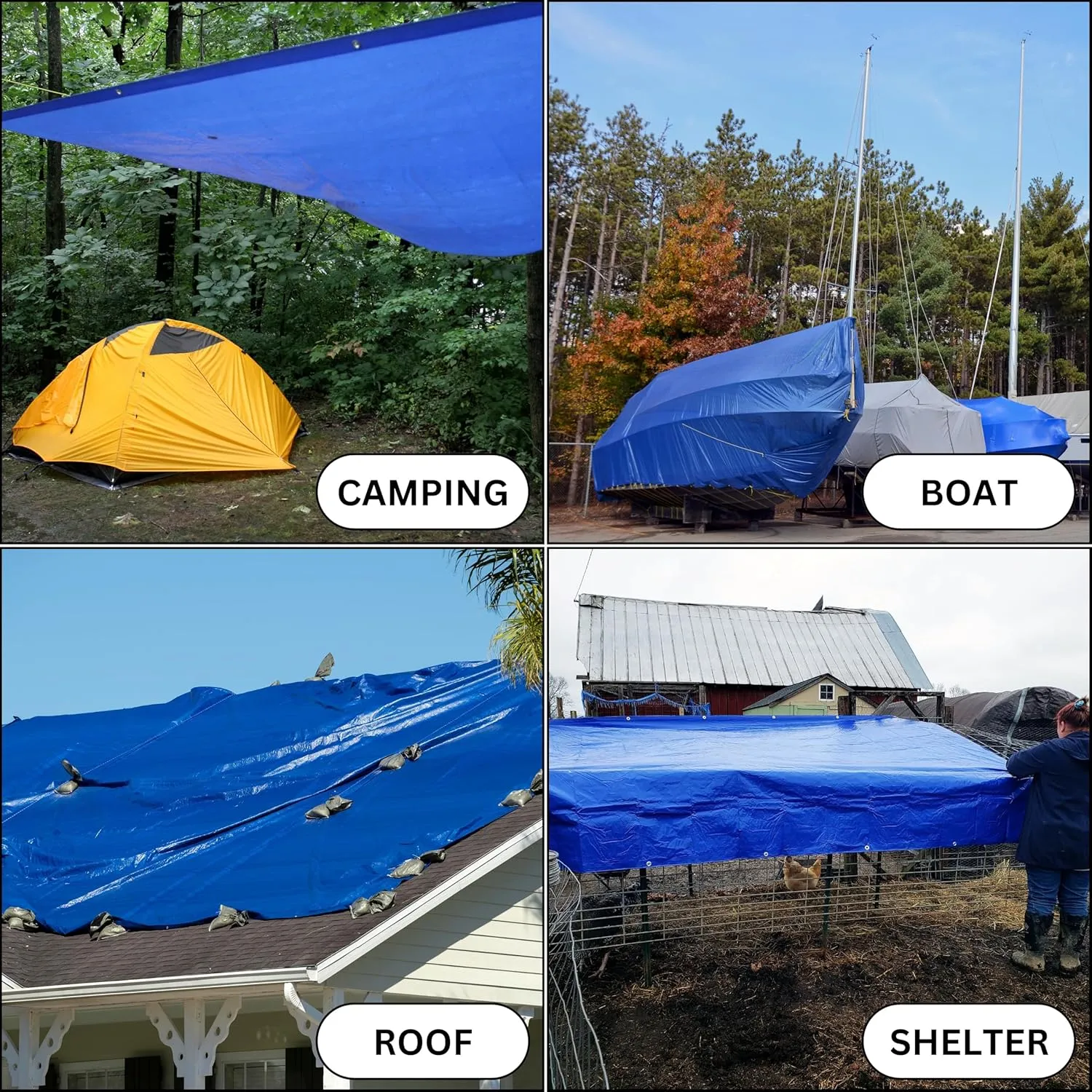 All Purpose Blue Poly Tarp, Waterproof Tarp w/Grommets Every 36", All Weather, Indoor & Outdoor Protective Cover for Camping, Tent, Boat, RV, Car, Canopy, Roof Leak (16' x 24' (1pc))