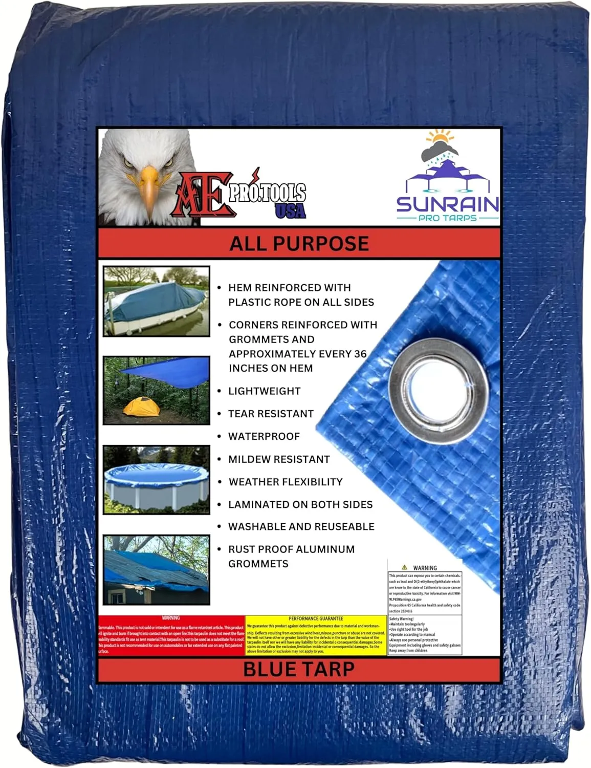 All Purpose Blue Poly Tarp, Waterproof Tarp w/Grommets Every 36", All Weather, Indoor & Outdoor Protective Cover for Camping, Tent, Boat, RV, Car, Canopy, Roof Leak (16' x 24' (1pc))