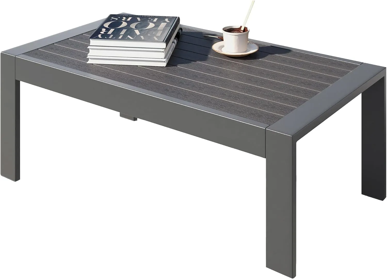 All-Weather Aluminum Outdoor Coffee Table, Modern Coffee Table for Outside, Rectangle Patio Coffee Table for Balcony Garden, Deep Grey