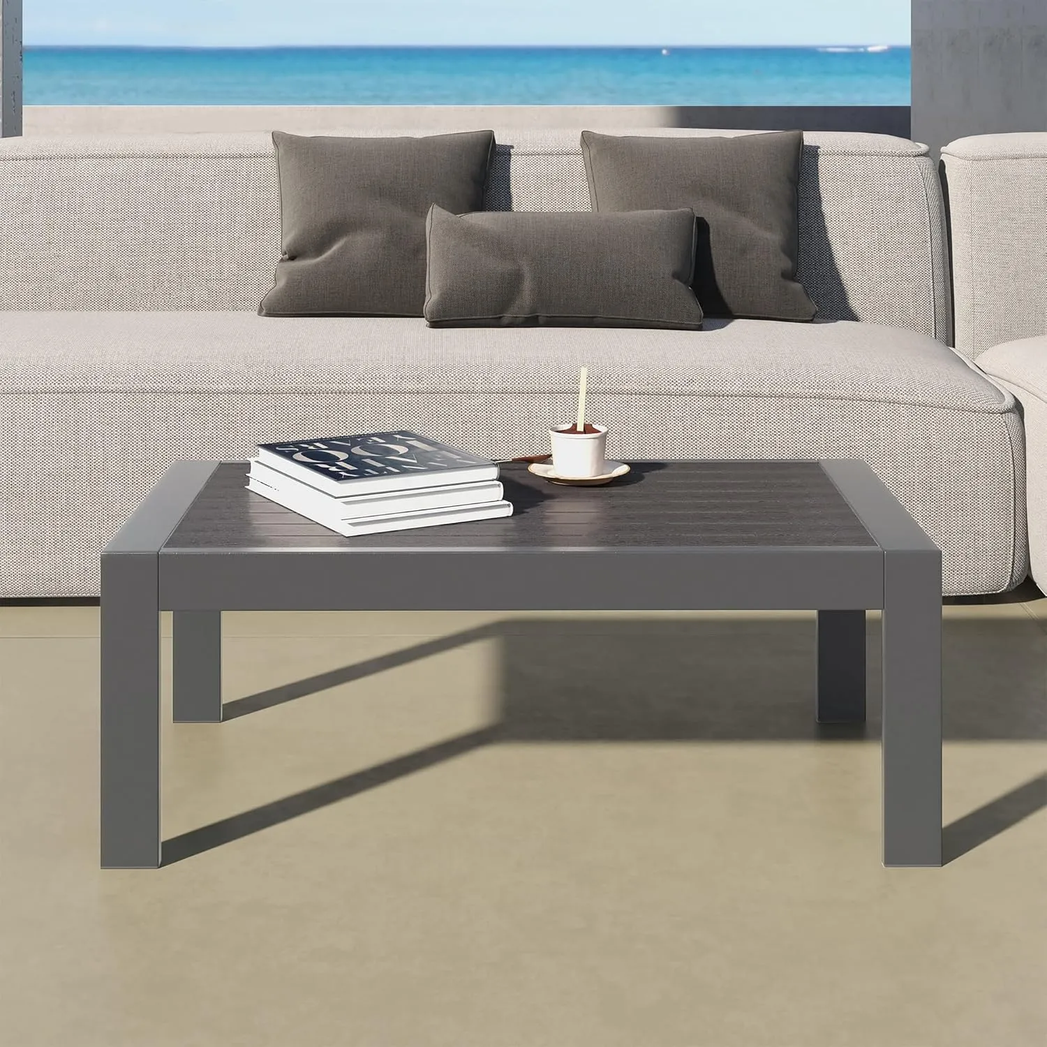 All-Weather Aluminum Outdoor Coffee Table, Modern Coffee Table for Outside, Rectangle Patio Coffee Table for Balcony Garden, Deep Grey