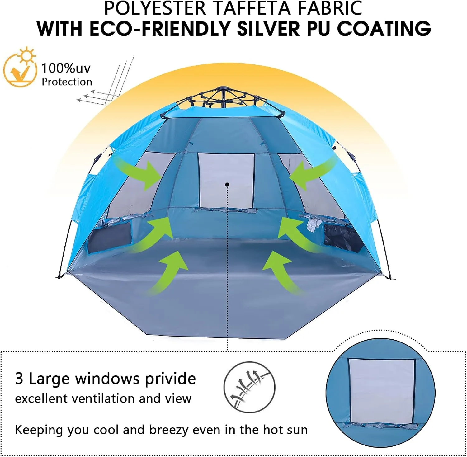 ALPHA CAMP Instant Beach Sunshade Pop Up Sun Shelter Tent, UV Protection with 3 Ventilating Windows, Extended Zippered Porch Included