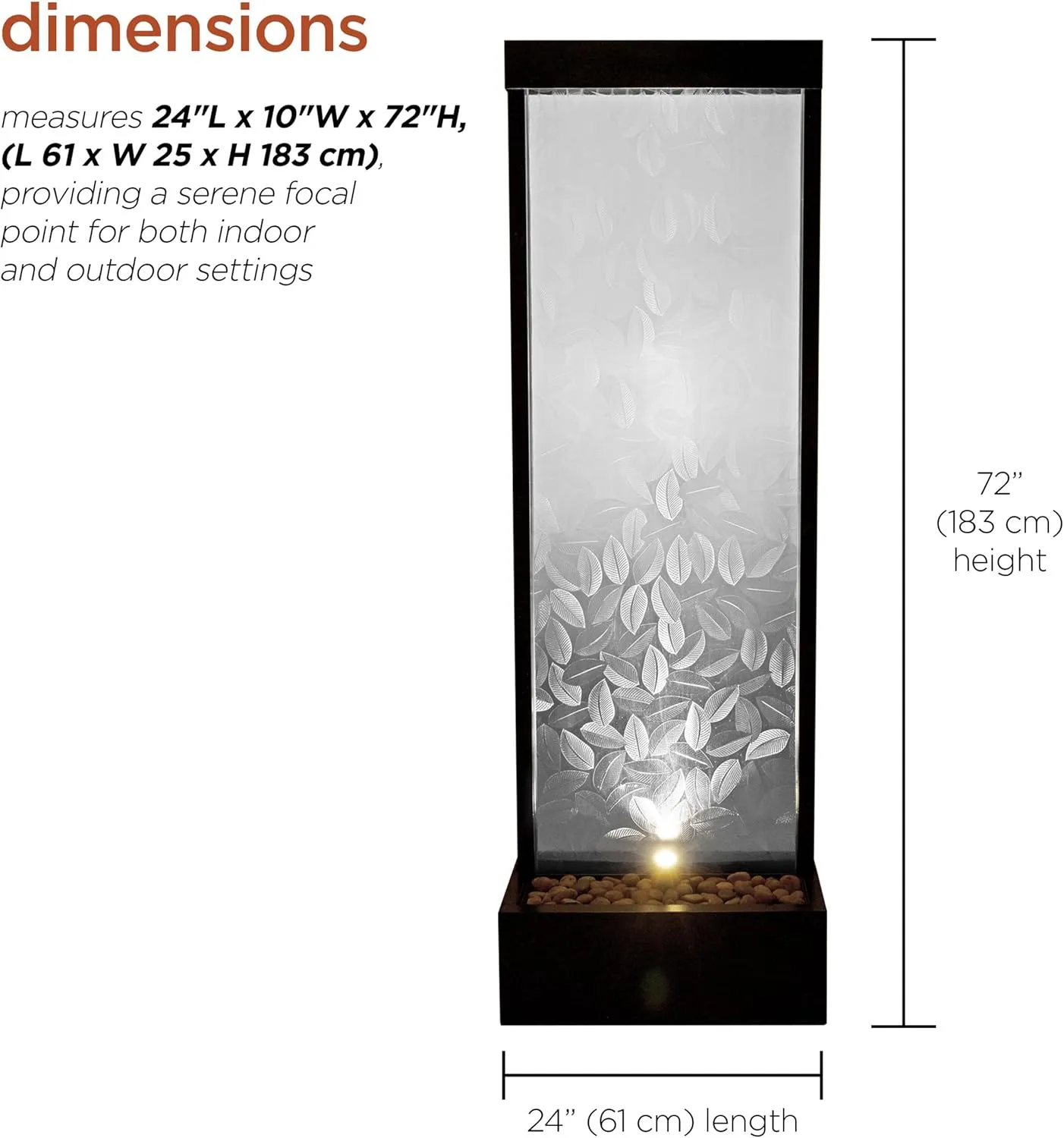 Alpine Corporation MLT156 Indoor/Outdoor Glass Panel Fountain with Embossed Leaves, Modern Waterfall Fountain, 72" H, Clear