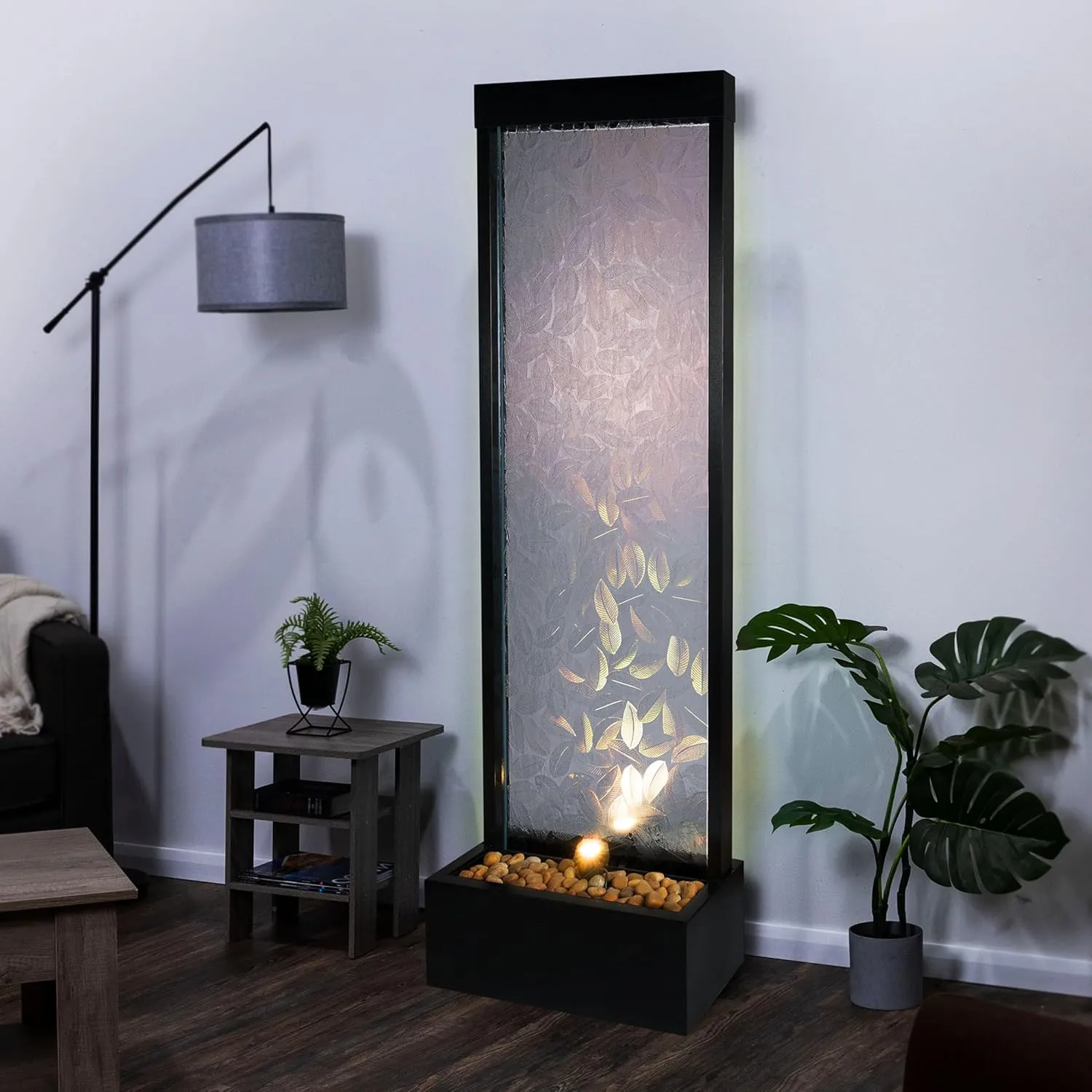 Alpine Corporation MLT156 Indoor/Outdoor Glass Panel Fountain with Embossed Leaves, Modern Waterfall Fountain, 72" H, Clear