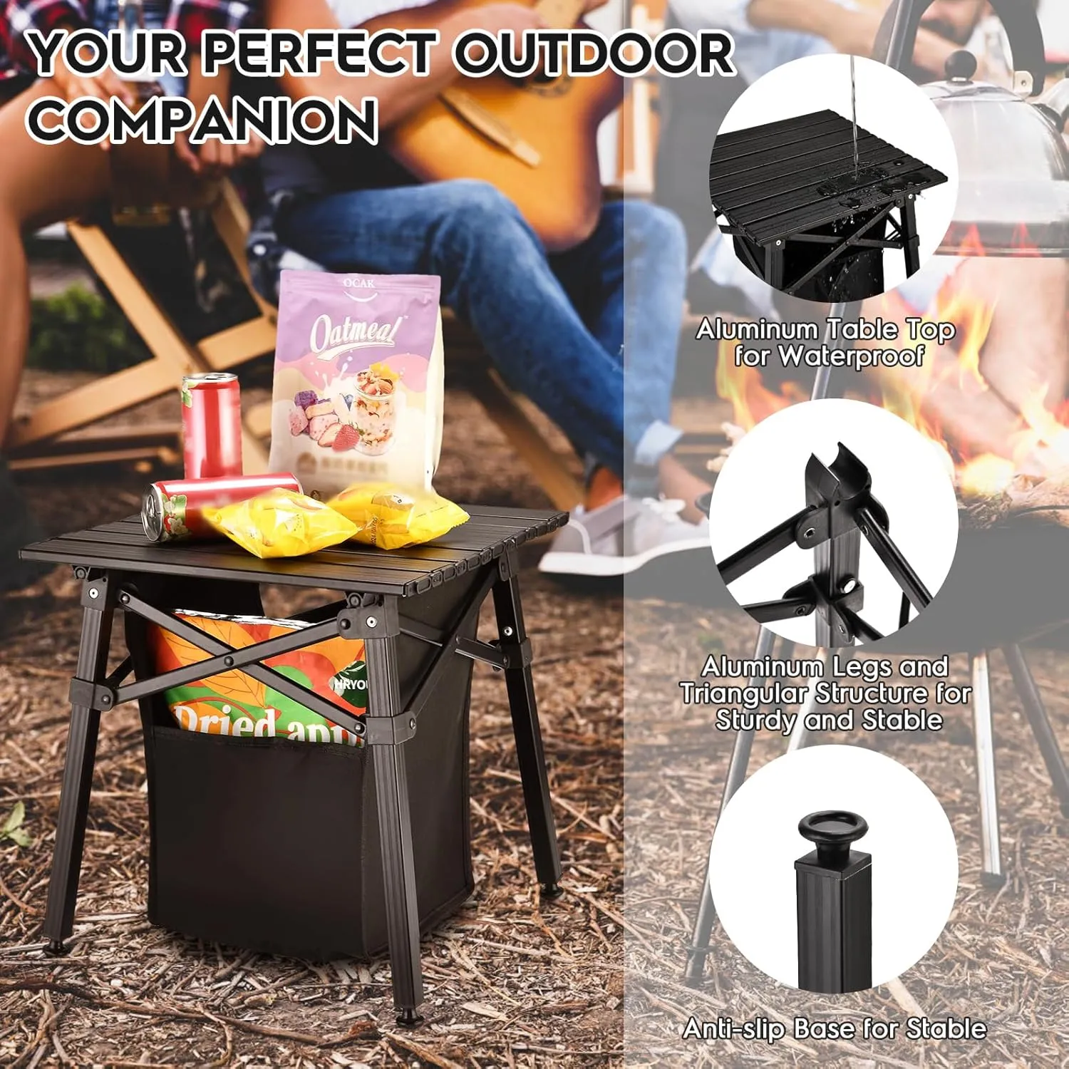 Aluminum Camping Side Table, Compact Folding Outdoor Portable Beach Small Camp Table with Carry Bag and Storage, Picnic, Hiking, Fishing, Grill