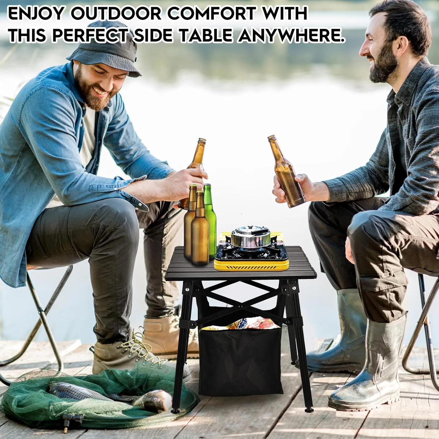 Aluminum Camping Side Table, Compact Folding Outdoor Portable Beach Small Camp Table with Carry Bag and Storage, Picnic, Hiking, Fishing, Grill