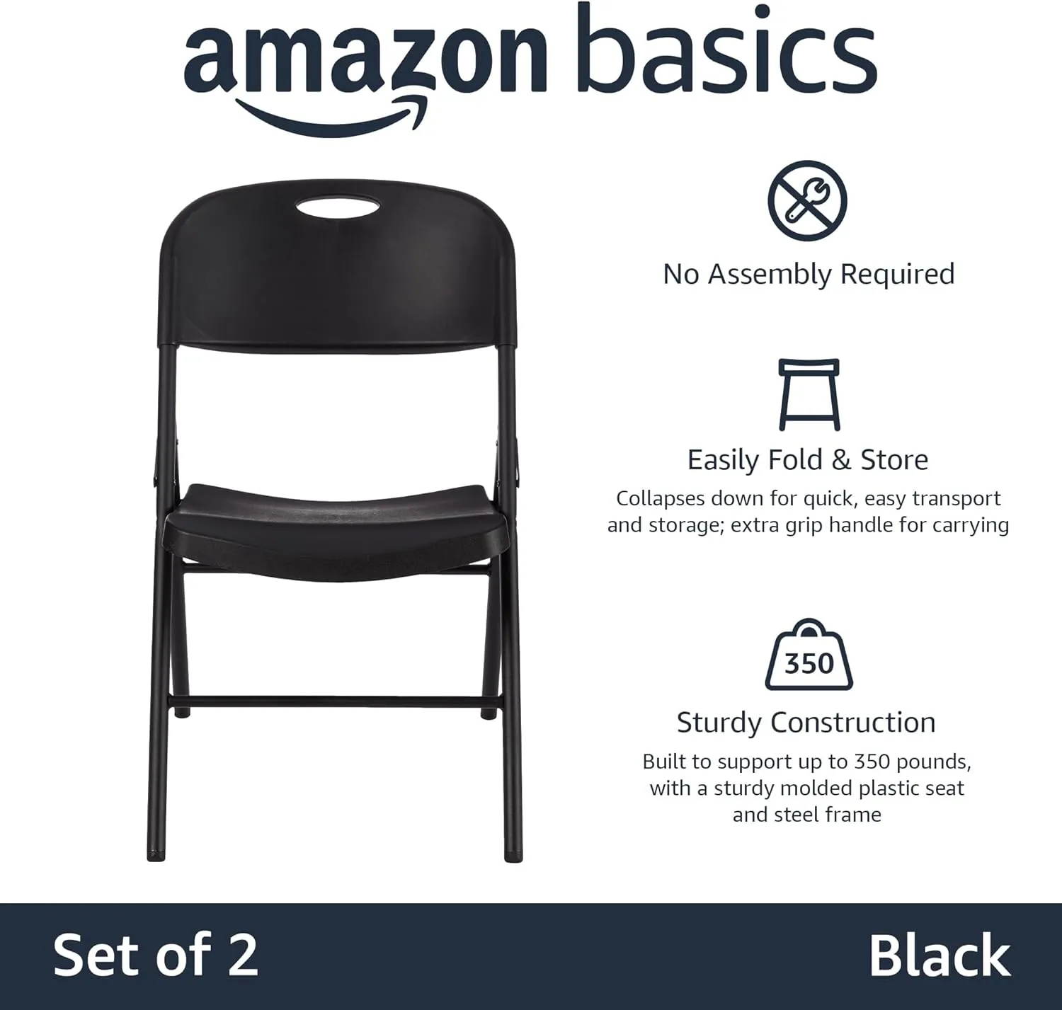 Amazon Basics Foldable Portable Sturdy Folding Plastic Chair, 350-Pound Capacity, Black, 2-Pack