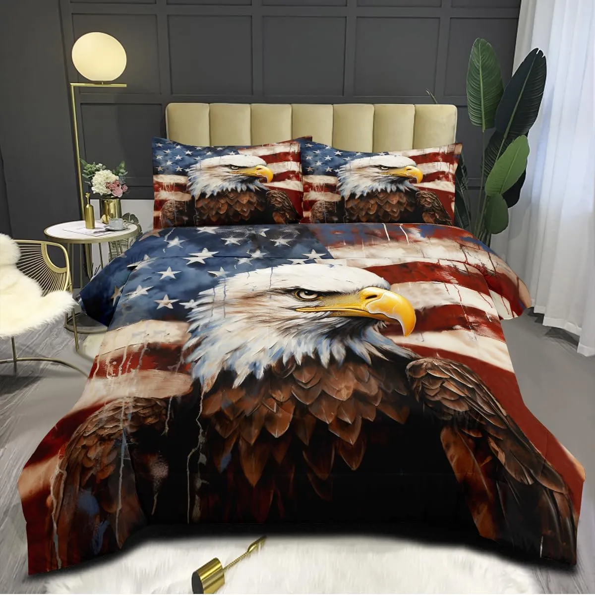 American Eagle Comforter Set King,USA Flag Bedding Set Camouflage Wildlife Animal Bird Decor Comforter 3Piece Soft Lightweight Summer Quilt Set with 2 Pillowcases,Brown