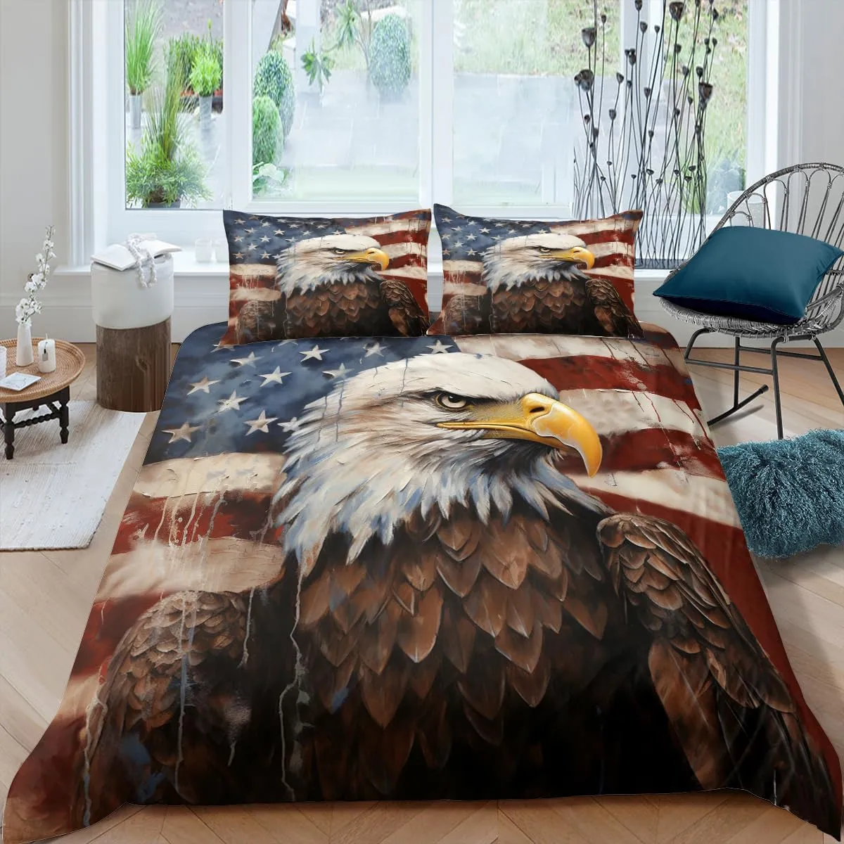 American Eagle Comforter Set King,USA Flag Bedding Set Camouflage Wildlife Animal Bird Decor Comforter 3Piece Soft Lightweight Summer Quilt Set with 2 Pillowcases,Brown