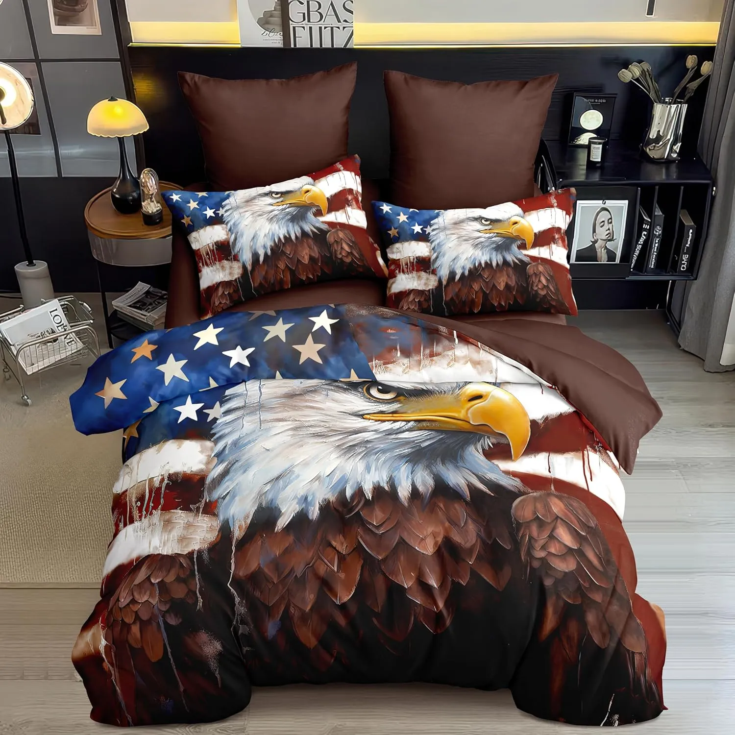 American Eagle Comforter Set King,USA Flag Bedding Set Camouflage Wildlife Animal Bird Decor Comforter 3Piece Soft Lightweight Summer Quilt Set with 2 Pillowcases,Brown