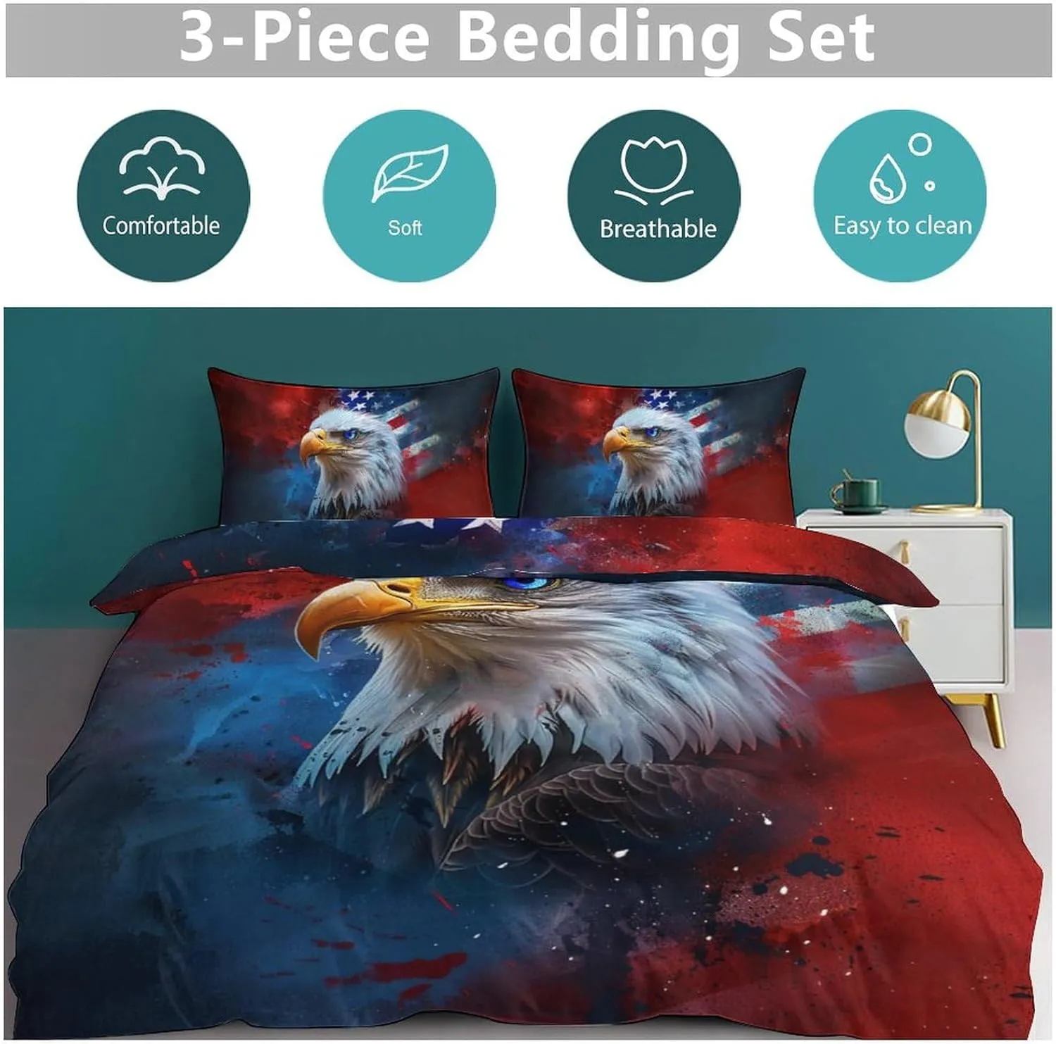 American Flag Bald Eagle 3D Print 3 Pieces Bedding Comforter Set with 2 Pillowcase Twin Size Duvet Cover Bed Sheet Quilt Stuff Bedroom Decor for Lover Adults Kids Boys Girls