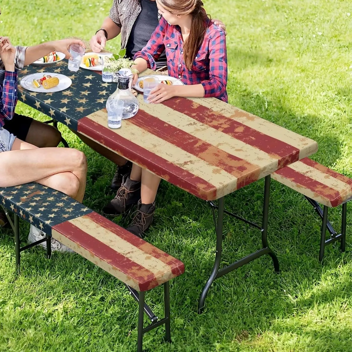 American Flag Picnic Table Cloth Camping Tablecloth for Picnic Table Patriotic Cover for 4Th of July Waterproof Windproof Camping RV Gear Must Have 72x30 Inches 3 Pcs Set Retro