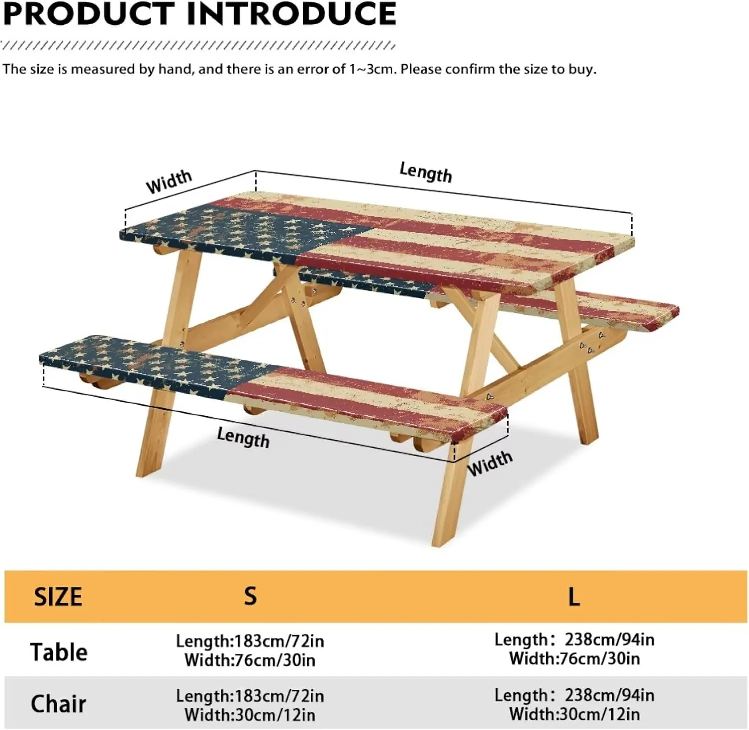 American Flag Picnic Table Cloth Camping Tablecloth for Picnic Table Patriotic Cover for 4Th of July Waterproof Windproof Camping RV Gear Must Have 72x30 Inches 3 Pcs Set Retro