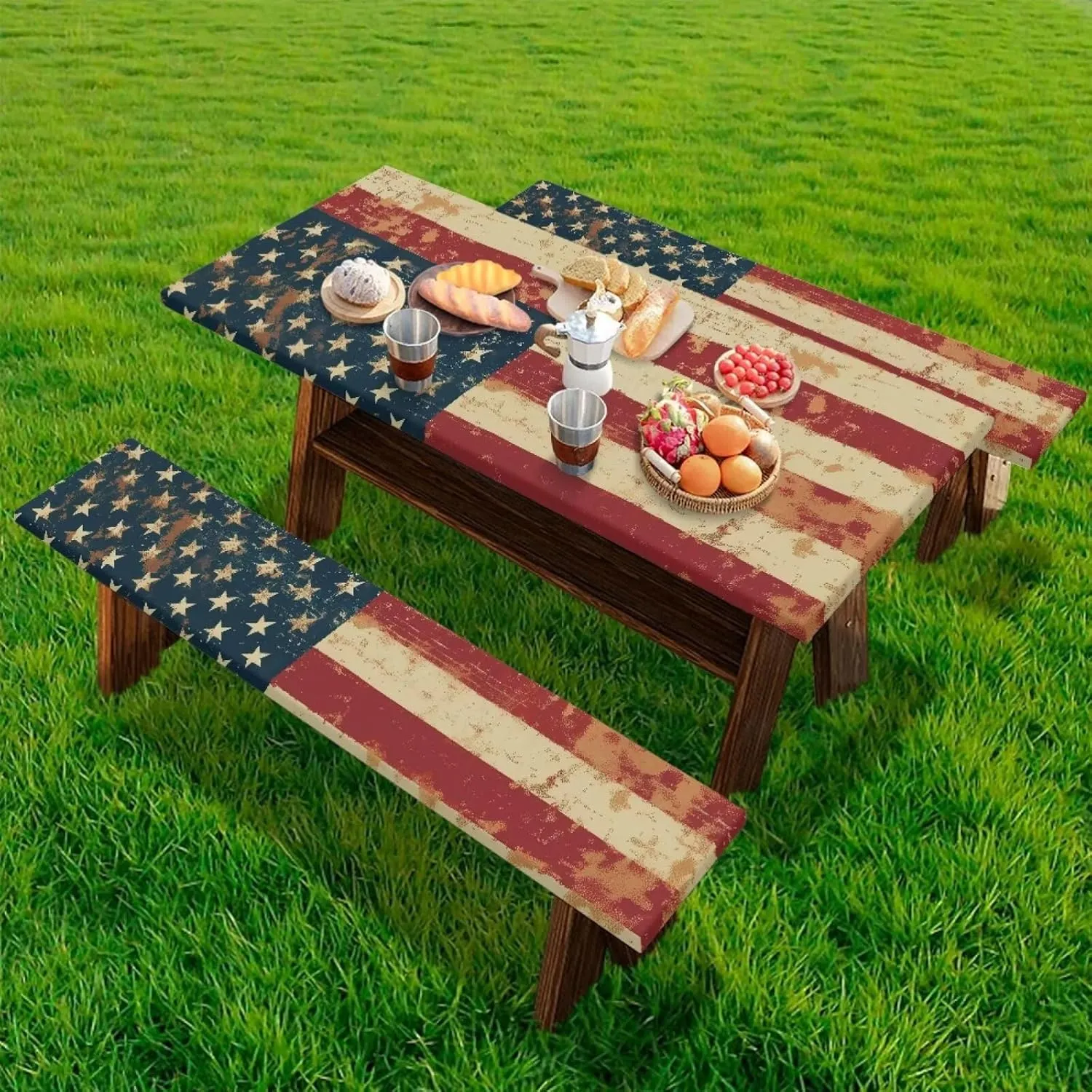 American Flag Picnic Table Cloth Camping Tablecloth for Picnic Table Patriotic Cover for 4Th of July Waterproof Windproof Camping RV Gear Must Have 72x30 Inches 3 Pcs Set Retro