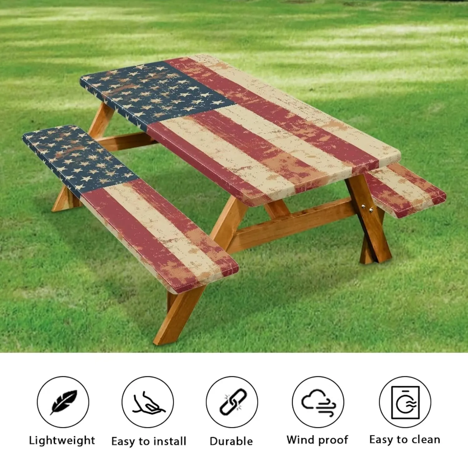 American Flag Picnic Table Cloth Camping Tablecloth for Picnic Table Patriotic Cover for 4Th of July Waterproof Windproof Camping RV Gear Must Have 72x30 Inches 3 Pcs Set Retro