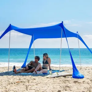 AMMSUN Beach Tent Portable Sun Shelter,9X 9ft Beach Canopy Easy Setup, 9'x9'Lycra Sun Shelter with UPF50  Protection 4 Sand Bags & 4 Aluminum Poles for Family at The Beach, Camping & Outdoor