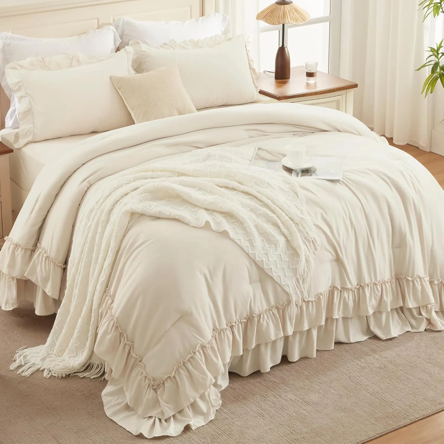 Andency Beige Full Size Comforter Set, 3 Pieces Farmhouse Shabby Chic Ruffle Comforter Set, Soft Lightweight Fluffy All Season Microfiber Bedding Comforter Set for Kids, Girls, Women