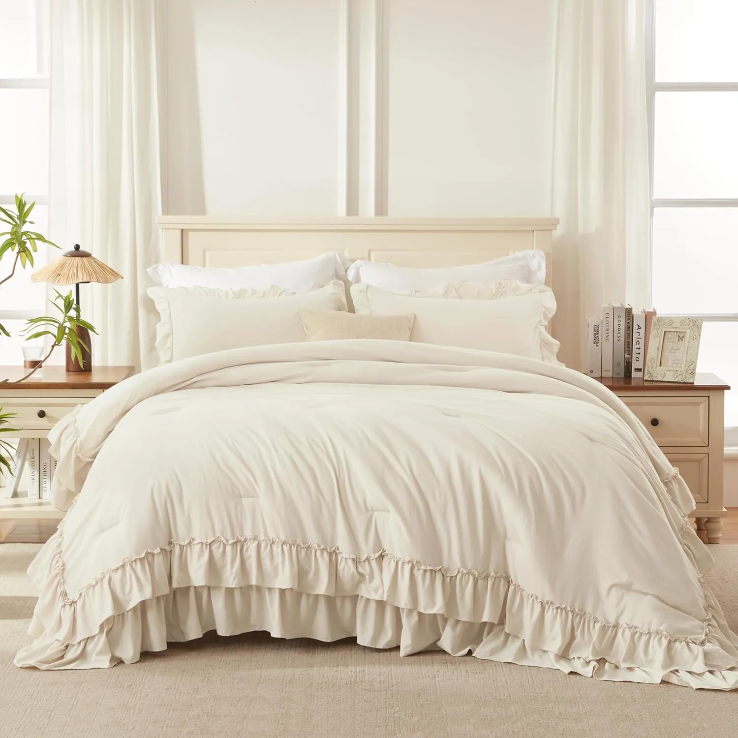 Andency Beige Full Size Comforter Set, 3 Pieces Farmhouse Shabby Chic Ruffle Comforter Set, Soft Lightweight Fluffy All Season Microfiber Bedding Comforter Set for Kids, Girls, Women