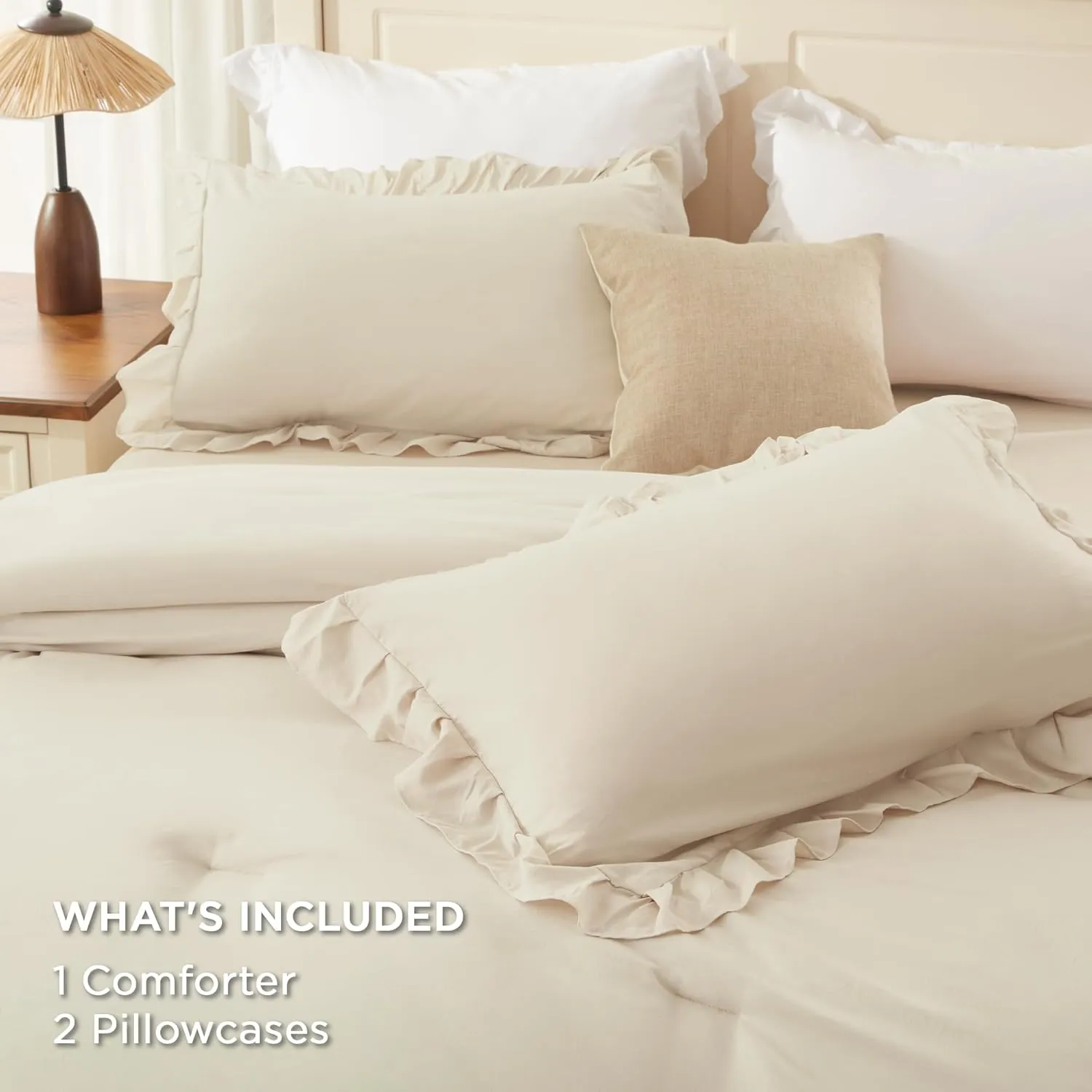 Andency Beige Full Size Comforter Set, 3 Pieces Farmhouse Shabby Chic Ruffle Comforter Set, Soft Lightweight Fluffy All Season Microfiber Bedding Comforter Set for Kids, Girls, Women