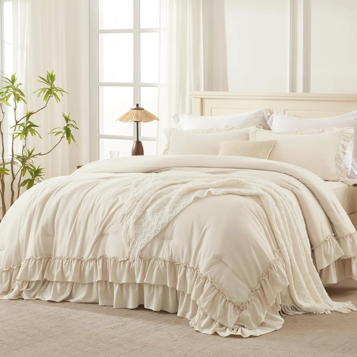 Andency Beige Full Size Comforter Set, 3 Pieces Farmhouse Shabby Chic Ruffle Comforter Set, Soft Lightweight Fluffy All Season Microfiber Bedding Comforter Set for Kids, Girls, Women