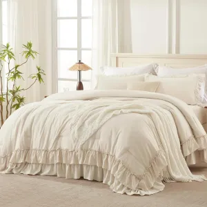 Andency Beige Full Size Comforter Set, 3 Pieces Farmhouse Shabby Chic Ruffle Comforter Set, Soft Lightweight Fluffy All Season Microfiber Bedding Comforter Set for Kids, Girls, Women