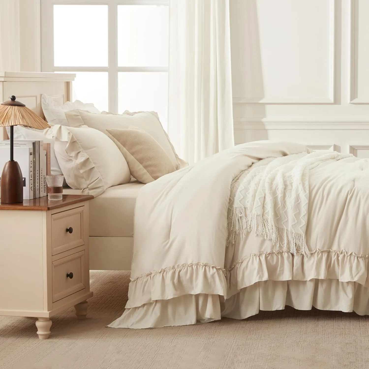 Andency Beige Full Size Comforter Set, 3 Pieces Farmhouse Shabby Chic Ruffle Comforter Set, Soft Lightweight Fluffy All Season Microfiber Bedding Comforter Set for Kids, Girls, Women