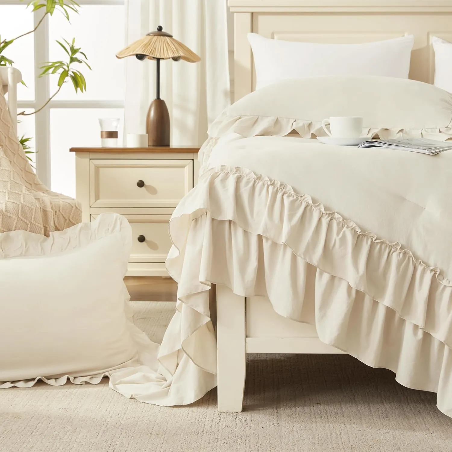 Andency Beige Full Size Comforter Set, 3 Pieces Farmhouse Shabby Chic Ruffle Comforter Set, Soft Lightweight Fluffy All Season Microfiber Bedding Comforter Set for Kids, Girls, Women