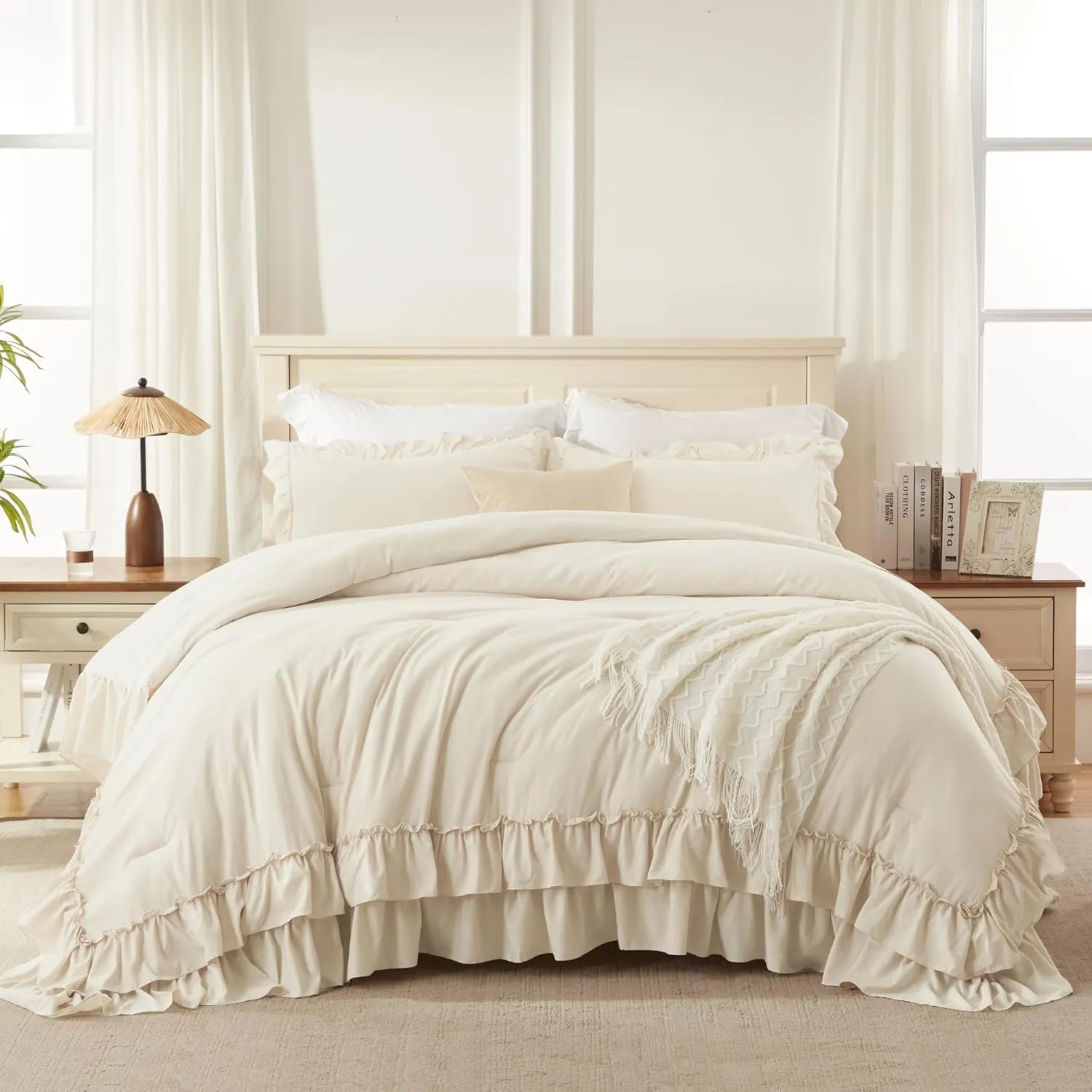 Andency Beige Full Size Comforter Set, 3 Pieces Farmhouse Shabby Chic Ruffle Comforter Set, Soft Lightweight Fluffy All Season Microfiber Bedding Comforter Set for Kids, Girls, Women